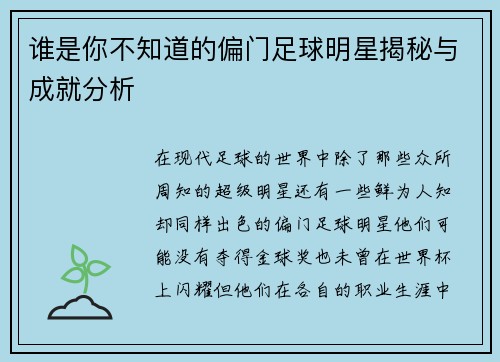 谁是你不知道的偏门足球明星揭秘与成就分析